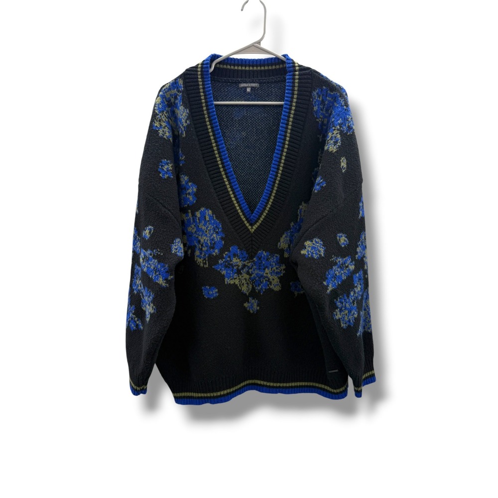 Savage X Fenty Sweater XL Black Blue Floral Oversized V Neck Intarsia Knit